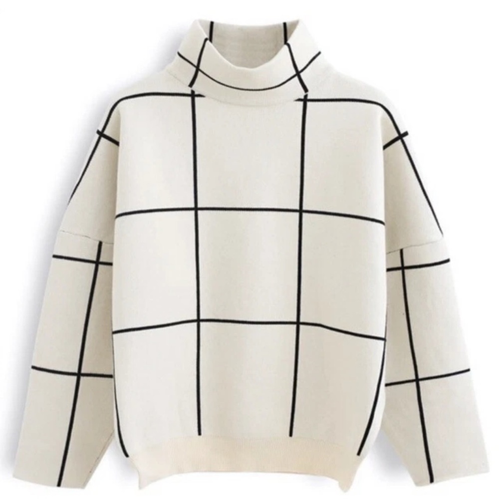 Chicwish Ivory/Black Grid Turtleneck Pullover Sweater M